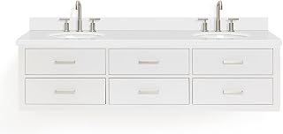 ARIEL Hutton 72-inch Bathroom Vanity with Sink,Solid Wood, 1.5-inch Pure White Quartz Countertop & Backsplash, Double Oval Porcelain Sink, 3 Dovetail Drawers, White