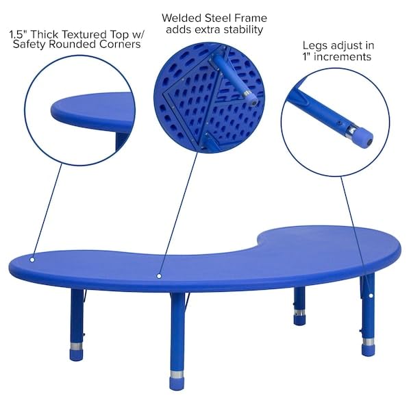 35''W x 65''L Half-Moon Blue Plastic Height Adjustable Activity Table by Flash Furniture – 35"W x 65"D x 14.5" - 23.75"H, Plastic, Blue, Model YU-YCX-004-2-MOON-TBL-BLUE-GG