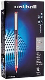 Uni-Ball VISION Stick Roller Ball Pen, Micro 0.5mm, Red Ink, Gray/Red Barrel, Dozen