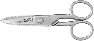 KLEIN TOOLS 2100-9 Stainless Steel Electrician Scissors, Made in USA, 5.25-Inch Free-Fall Handle Snips, Stripping Notches, Non-Slip Serrated Blade