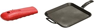 Lodge Bold 12 Inch Seasoned Cast Iron Square Griddle with Red Silicone Handle Holder