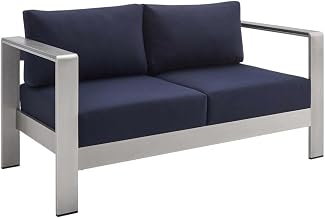 Silver Aluminum Outdoor Loveseat with Fabric Cushions, Comfortable Patio Furniture for Relaxing, Durable Stylish Design