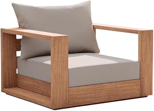 Gray Fabric Outdoor Side Chair, Teak Finish, Arm Height 22.24 Inches, Back Height 9.9 Inches, Pillow Included, Comfortable Seat