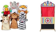 Melissa & Doug Safari Buddies Hand Puppets Set of 6 (Elephant, Tiger, Parrot, Giraffe, Monkey, Zebra) with Deluxe Wooden Puppet Theater