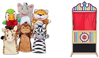 Melissa & Doug Safari Buddies Hand Puppets Set of 6 (Elephant, Tiger, Parrot, Giraffe, Monkey, Zebra) with Deluxe Wooden Puppet Theater