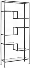 Furnifact Steel Etagere with Seven Tempered Glass Shelves, Art Deco Open Bookcase Display Shelf for Living Room or Office, Matte Black
