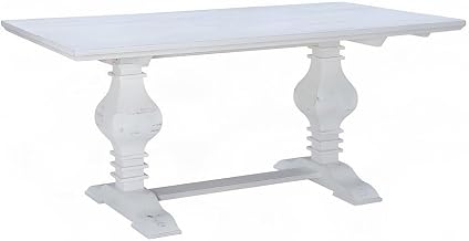 Furnifact Solid Pine Dining Table with Trestle Pedestal Base and Distressed-Finish, Farmhouse Kitchen Table Seats Six for Dining Room, White