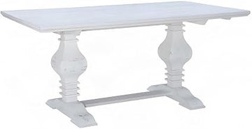 Furnifact Solid Pine Dining Table with Trestle Pedestal Base and Distressed-Finish, Farmhouse Kitchen Table Seats Six for Dining Room, White