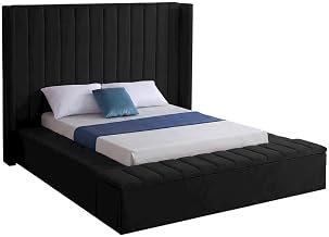 Starlight Canyon Home Velvet-Upholstered Wingback Platform Bed, Button-Tufted King Size Bed Frame with Headboard and Footboard Set, Black Velvet