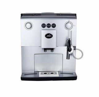 Programmable Espresso Machine with Milk Frother for Cappuccino and hot water for Americano. 10 Languages by Omcan – medium Net Dimensions (WDH):11” x 16.7” x 13.8”, Model 44602