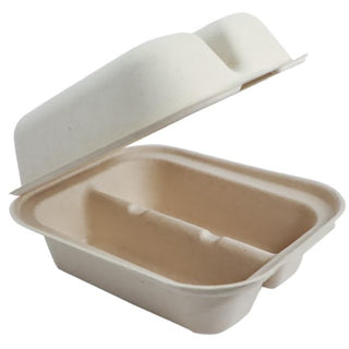 World Centric 2-Compartment Clamshell Taco Container – TO-SC-T2, Compostable Fiber, 8" x 5" x 3" | 300/Case