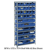 Open Bin Shelving w/8 Shelves & 14 Blue Bins by Global Industrial – 12"L x 36"W x 73"H, Alloy Steel, Grey, Model 506206BL