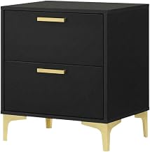 Furnifact Black Nightstand, 2 Drawers, Modern Design, Gold Metal Legs, Durable Construction, Stylish Bedroom Storage, Contemporary Finish