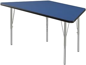Correll 30" x 60" Trapezoid Classroom Activity Table, Height Adjustable (19"-29") Blue Top, Black Edge, Durable High Pressure Laminate, Silver/Chrome Legs, School Furniture, Made in The USA
