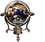 10" Tall Blue Lapis Ocean Tripod Silver Table Stand Gemstone World Map Globe