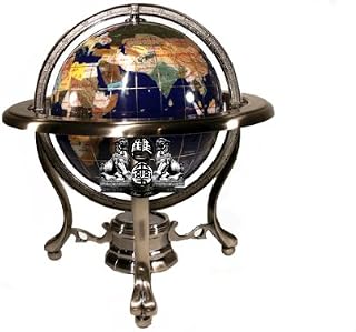 10" Tall Blue Lapis Ocean Tripod Silver Table Stand Gemstone World Map Globe
