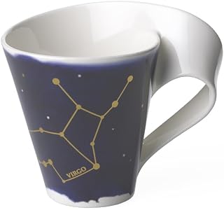 Villeroy & Boch NewWave Stars Mug with Handle, Beautifully Shaped Cup with Virgo Motif, Premium Porcelain, Made in Germany, Dishwasher Safe, White/Blue, 10 oz | Navy porcelain mug, gold Virgo zodiac design, made in Germany, dishwasher safe, suits an August/September birthday gift