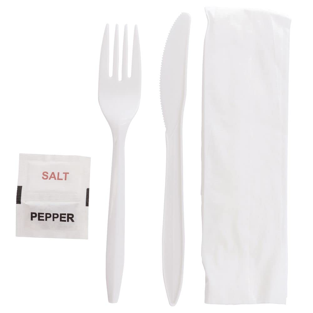 Pre-Wrapped White Plastic Disposable Flatware Set by HUBERT – Plastic, White, Model A6040127/3691