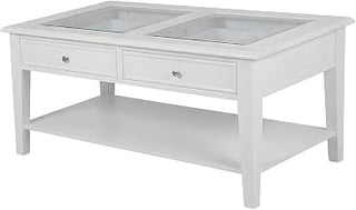 Furnifact Wood Coffee Table with Tempered Glass Top, Dual Shadow-Box Drawers and Lower Shelf, Rectangular Storage Cocktail Table for Living Room