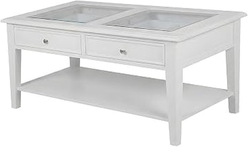 Furnifact Wood Coffee Table with Tempered Glass Top, Dual Shadow-Box Drawers and Lower Shelf, Rectangular Storage Cocktail Table for Living Room
