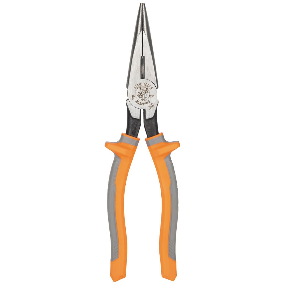Pliers, Made in USA, Electrician's Insulated Long Nose Side-Cutting Pliers, 1000V Rated, Induction Hardened Knives, 8-Inch by KLEIN TOOLS – Long Nose Cutters, Model 2038RINS