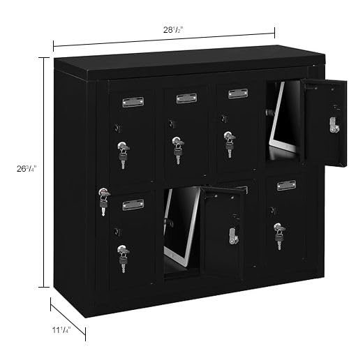 2-Tier 8 Door Tablet Cell Phone Locker Keyed Lock & Hasp by Global Industrial – 28-1/2"W x 11-1/4"D x 26-3/4"H, Alloy Steel, Black, Model 493330BK