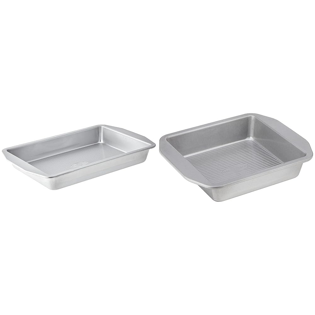 American Bakeware Classics Lasagna & Cake Pan Bundle by USA Pan – 9 x 13-Inch Rectangular and 8-Inch Square, Alloy Steel, Silver, Pack of 2
