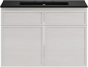 Swiss Madison St. Tropez 30" Wall-Mounted Bathroom Vanity in White Oak with Black 3-Hole Widespread Sink Top