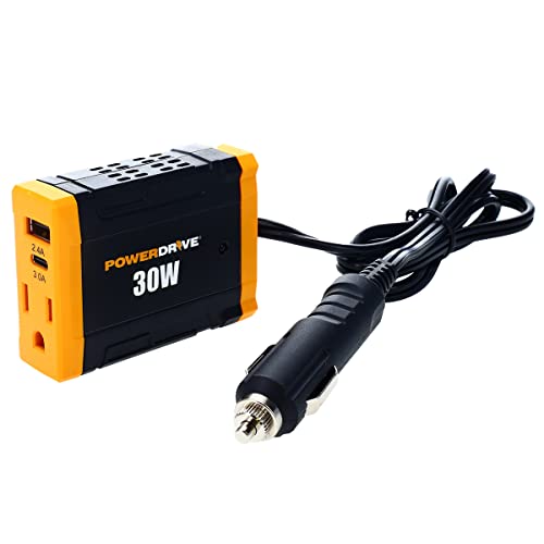 30 Watt Power Inverter Car Plug Adapter 12v DC to 110v AC Slim Converter by PowerDrive – Black and Yellow, Model PWD30