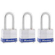 Master Lock Steel / 1-1/2" shackle / 3 Pack, Keyed-Alike Keyed Padlocks