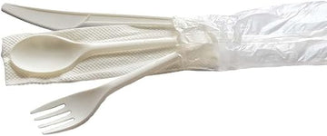 KITCH 24/7 Compostable Cutlery Kit, White Fork Knife Spoon with Napkin, 250 Sets per Case