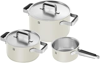 ZWILLING Pure Cookware 3-Ply Stainless Steel Cookware Set, Colored Ceramic Exterior Coating, Stay-Cool Handles, Dishwasher Safe (White