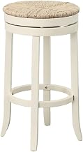 Furnifact Rubberwood Rush-Seat Bar Stool with Swivel, Backless Barstools Counter Height Bar Chairs for Kitchen Island, Antique White, Kraft Brown