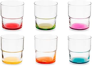 Pasabahce Set of 6 Glass Glasses with Coloured Base 30cl Assorted Colours Dishwasher Safe Modern and Cheerful Design