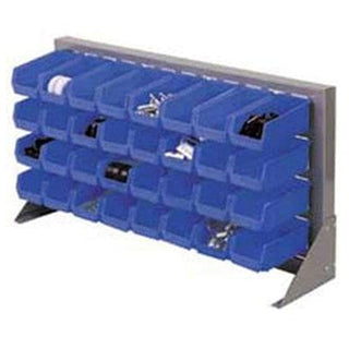Louvered Bench Rack with (22) Blue Stacking Akrobins by Global Industrial – 15"L x 36"W x 20"H, Steel, Gray, Model 603381BL