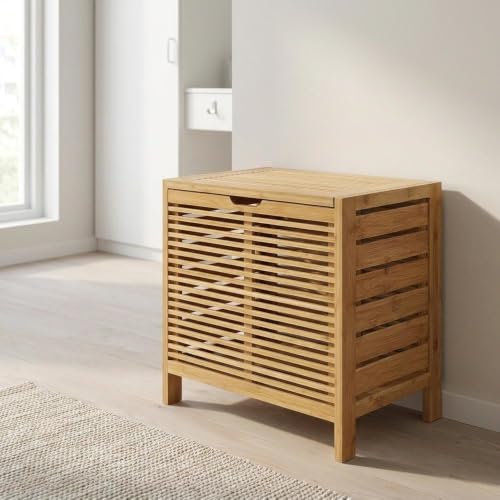 FurniFact Solid Bamboo Hamper with Hinged Lid, Spacious Laundry Basket with Safety Hinge for Bedroom, Bathroom, or Closet, Brown - image 3