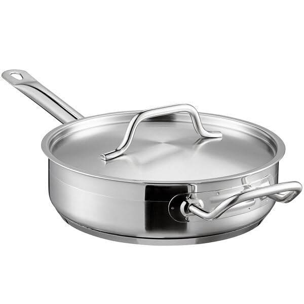 Glownary SS1 Series 3 Qt Stainless Steel Saute Pan with Lid – Aluminum-Clad Bottom, Helper Handle, Welded Design, NSF Listed, 10-Inch Diameter, Silver