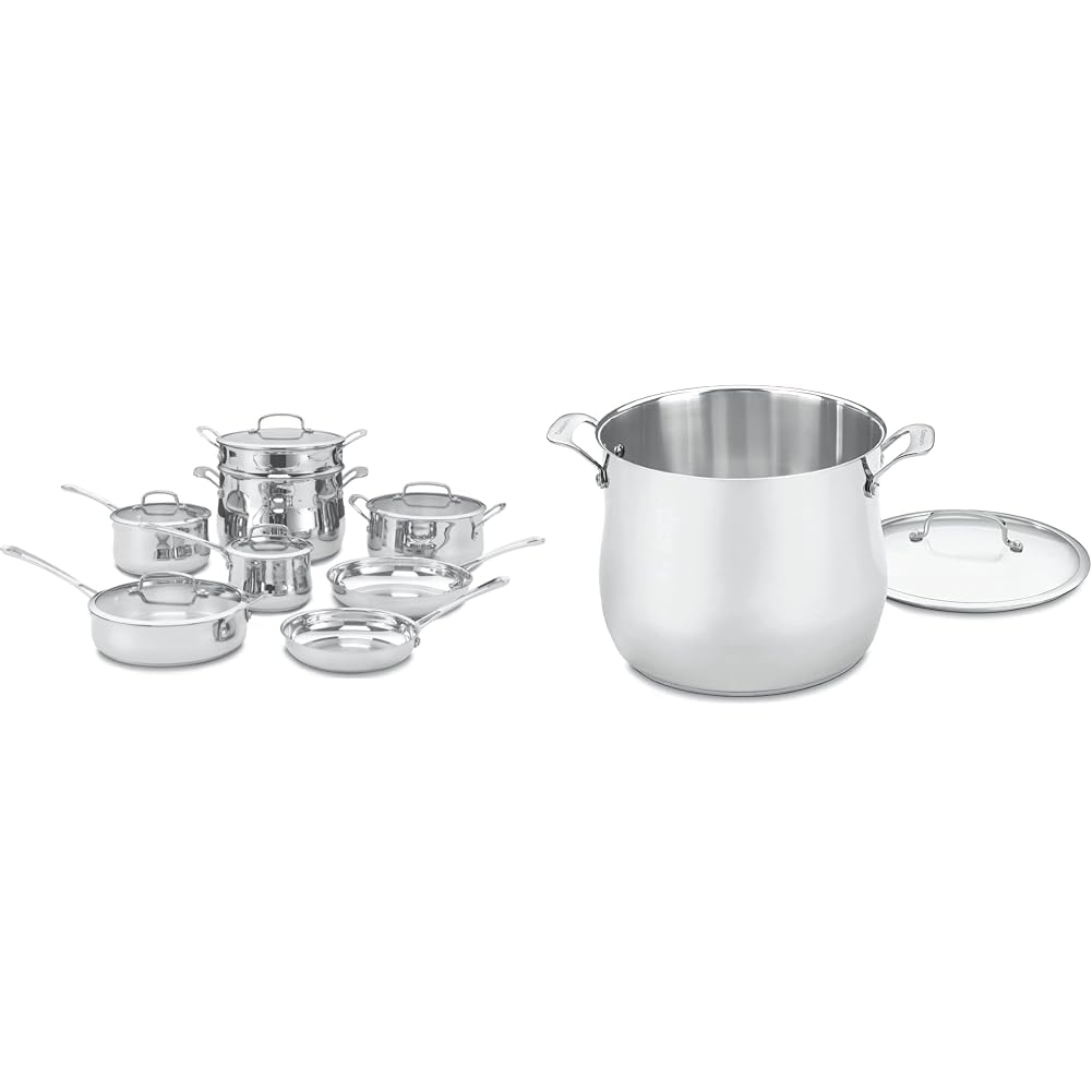 Contour Stainless 13-Piece Cookware Set with 12-Quart Stockpot Bundle by Cuisinart – Variety Pack, Aluminum, Silver