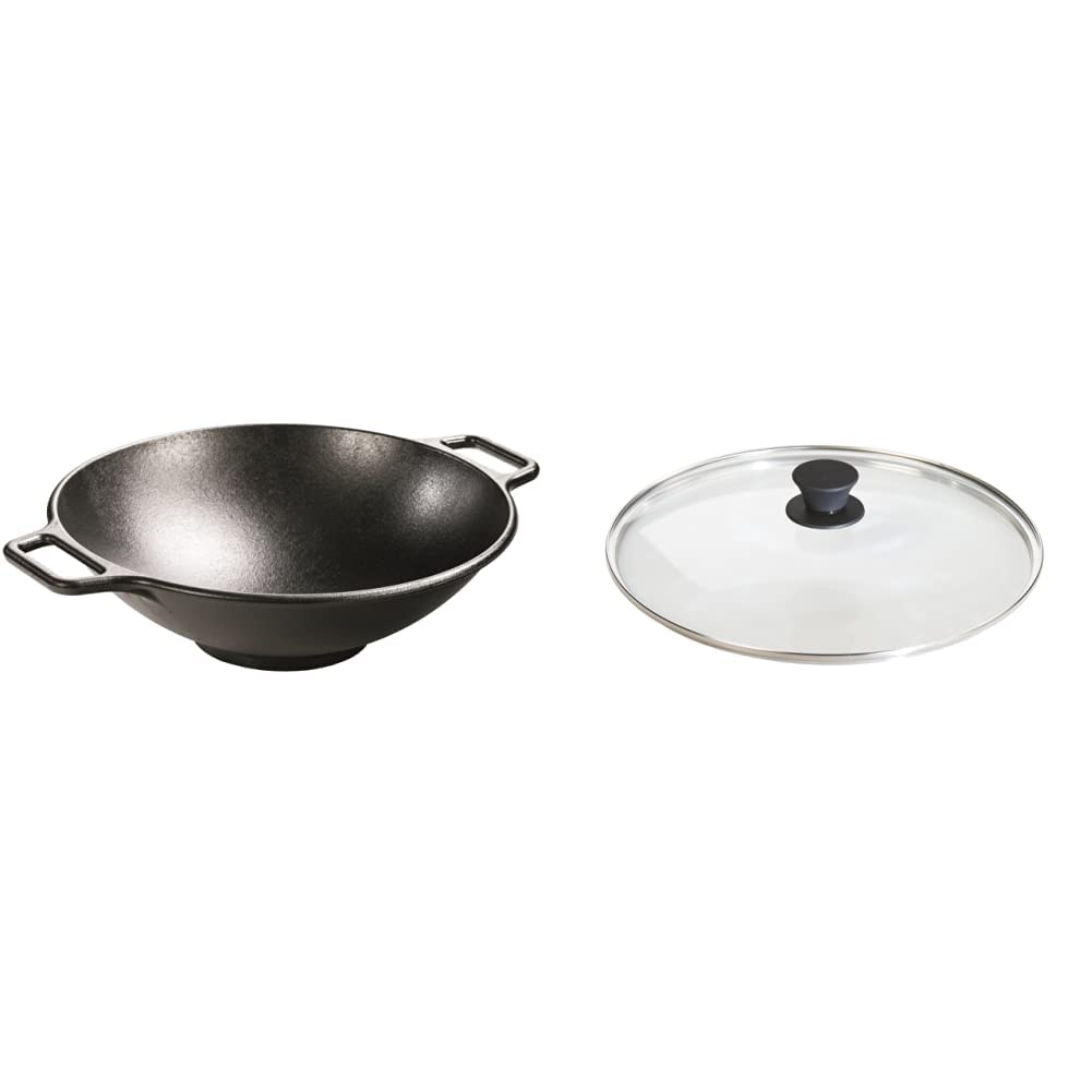 BOLD 14 Inch Seasoned Cast Iron Wok; Design-Forward Cookware & Tempered Glass Lid (12 Inch) by Lodge – 14", Tempered Glass, Black