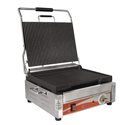 1800-WATT SINGLE PANINI GRILL WITH GROOVED TOP AND BOTTOM GRILL SURFACE by Omcan – Stainless Steel, Model 19936