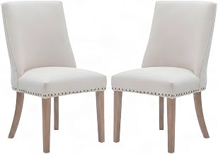 Furnifact Linen-Weave Upholstered Dining Chair with Barrel Back and Nailhead Trim, Farmhouse Wood Kitchen Table Chairs for Dining Room, Natural