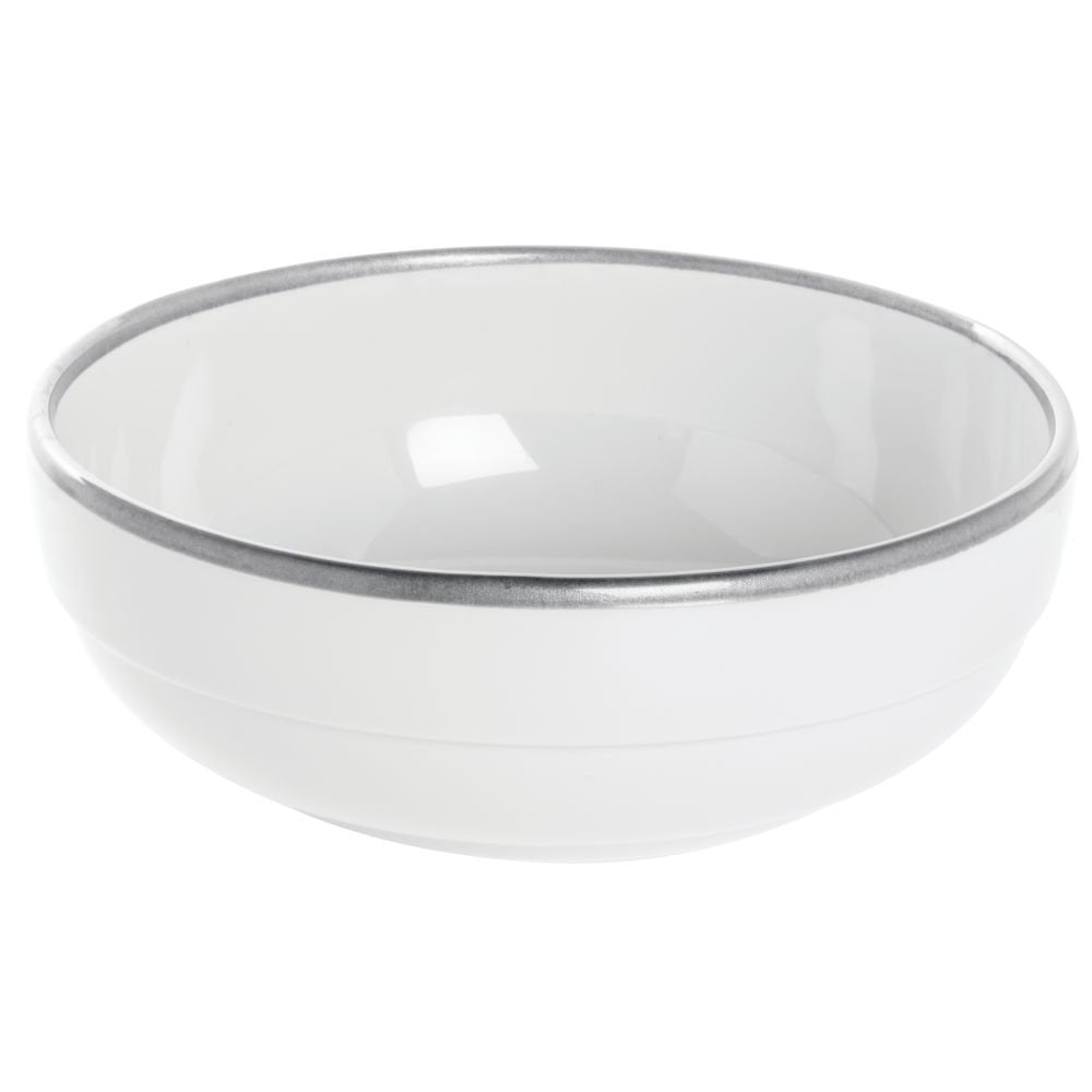 White Serving Bowl with Silver Trim - 7 7/10"Dia x 2 3/5"H by HUBERT – Melamine, White, Model M2063-SILVERRIM