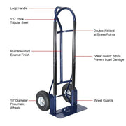 Industrial Strength Steel Hand Truck with Loop Handle by Global Industrial – 51.77"L x 22"W x 52"H, Alloy Steel, Blue, Model 585283