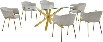 Rectangular Clear Glass Dining Set with Linen Chairs