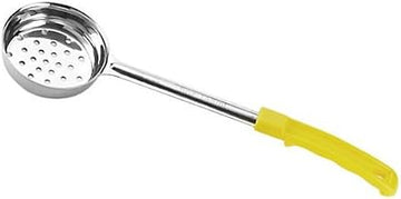 TableCraft 7705 Spoonout, 5 oz., one-Piece, Perforated, Dishwasher Safe, Yellow Handle, Stainless Steel