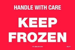 Polar Tech SCL217 Pressure Sensitive Permanent Adhesive Label, "Handle with Care Keep Frozen", 3" Length x 2" Width, White on Red (Roll of 500)