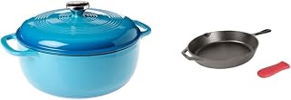 Lodge Enameled Cast Iron Dutch Oven, 6 Qt, Cornflower & Cast Iron Skillet with Red Silicone Hot Handle Holder, 12-inch