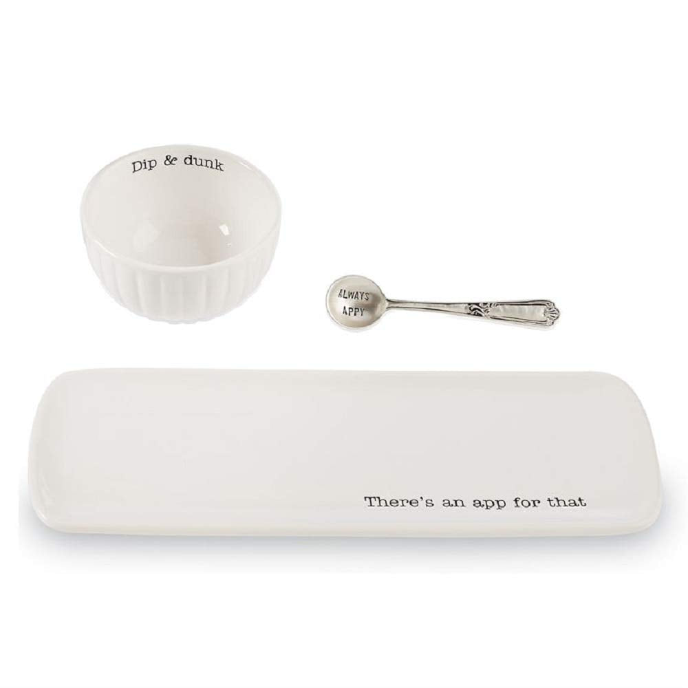 Mud Pie Ceramic Appetizer Set, 3 Piece Tray Bowl And Spoon, White