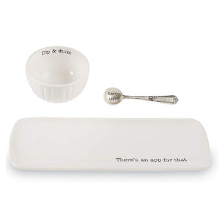 Mud Pie Ceramic Appetizer Set, 3 Piece Tray Bowl And Spoon, White