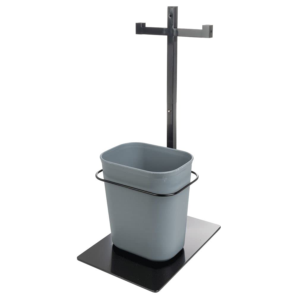 Double Arm Modular Sanitizer Stand with Trash Can - 15 1/5" L x 12 3/5" W x 29" H by HUBERT – Steel, Black, Model 19617/28368/247